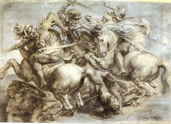 La battaglia di Anghiari di Leonardo -  Ed in tanta rotta e in si lunga zuffa che durò dalle venti alle ventiquattro ore, non vi morì che un uomo, il quale non di ferite ne d’altro virtuoso colpo, ma caduto da cavallo e calpesto spirò.